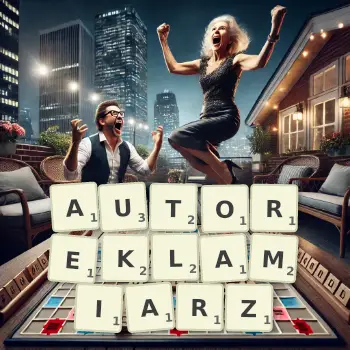 Kreatywna ilustracja do gry w Scrabble ze słowem AUTOREKLAMIARZ ułożonym z płytek na planszy.