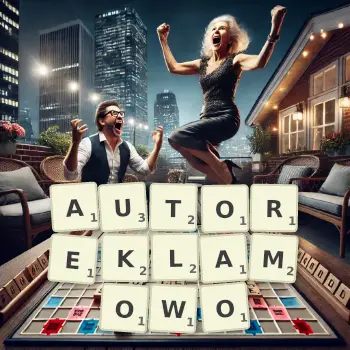Kreatywna ilustracja do gry w Scrabble ze słowem AUTOREKLAMOWO ułożonym z płytek na planszy.
