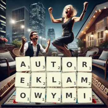 Kreatywna ilustracja do gry w Scrabble ze słowem AUTOREKLAMOWYMI ułożonym z płytek na planszy.