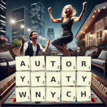 Kreatywna ilustracja do gry w Scrabble ze słowem AUTORYTATYWNYCH ułożonym z płytek na planszy.