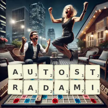 Kreatywna ilustracja do gry w Scrabble ze słowem AUTOSTRADAMI ułożonym z płytek na planszy.