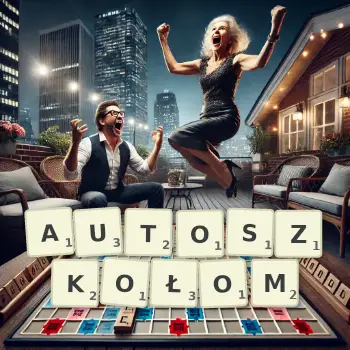 Kreatywna ilustracja do gry w Scrabble ze słowem AUTOSZKOŁOM ułożonym z płytek na planszy.