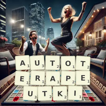 Kreatywna ilustracja do gry w Scrabble ze słowem AUTOTERAPEUTKI ułożonym z płytek na planszy.