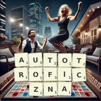 Kreatywna ilustracja do gry w Scrabble ze słowem AUTOTROFICZNA ułożonym z płytek na planszy.