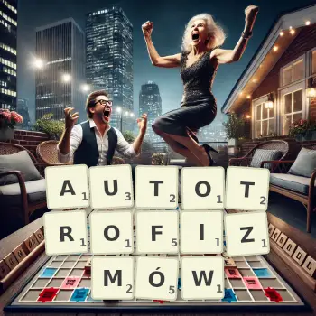 Kreatywna ilustracja do gry w Scrabble ze słowem AUTOTROFIZMÓW ułożonym z płytek na planszy.