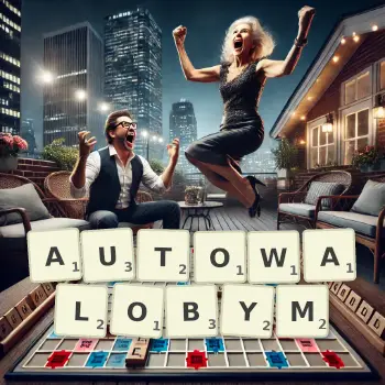 Kreatywna ilustracja do gry w Scrabble ze słowem AUTOWALOBYM ułożonym z płytek na planszy.