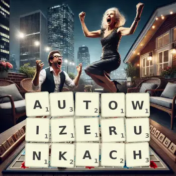 Kreatywna ilustracja do gry w Scrabble ze słowem AUTOWIZERUNKACH ułożonym z płytek na planszy.