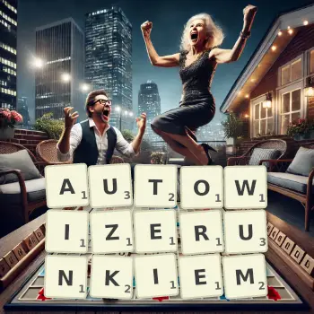 Kreatywna ilustracja do gry w Scrabble ze słowem AUTOWIZERUNKIEM ułożonym z płytek na planszy.