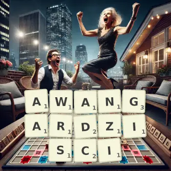 Kreatywna ilustracja do gry w Scrabble ze słowem AWANGARDZISCI ułożonym z płytek na planszy.