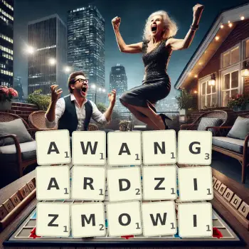 Kreatywna ilustracja do gry w Scrabble ze słowem AWANGARDZIZMOWI ułożonym z płytek na planszy.