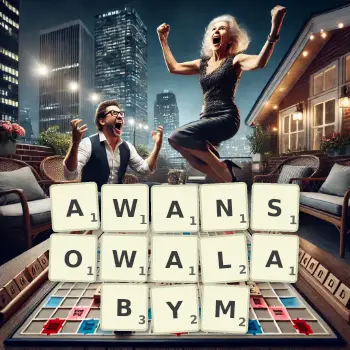 Kreatywna ilustracja do gry w Scrabble ze słowem AWANSOWALABYM ułożonym z płytek na planszy.