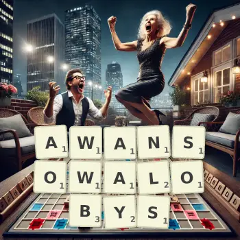 Kreatywna ilustracja do gry w Scrabble ze słowem AWANSOWALOBYS ułożonym z płytek na planszy.