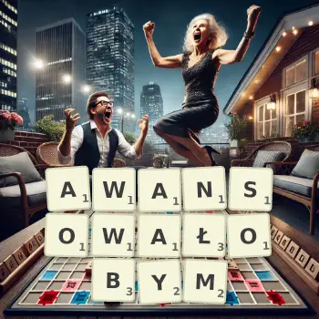 Kreatywna ilustracja do gry w Scrabble ze słowem AWANSOWAŁOBYM ułożonym z płytek na planszy.