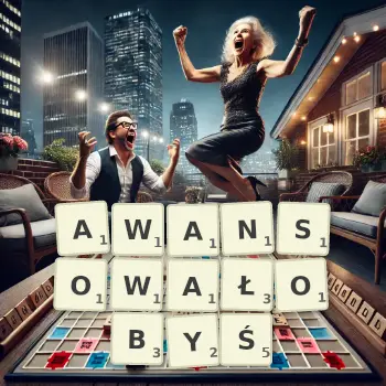Kreatywna ilustracja do gry w Scrabble ze słowem AWANSOWAŁOBYŚ ułożonym z płytek na planszy.