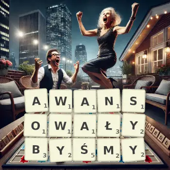 Kreatywna ilustracja do gry w Scrabble ze słowem AWANSOWAŁYBYŚMY ułożonym z płytek na planszy.