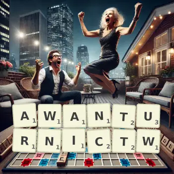 Kreatywna ilustracja do gry w Scrabble ze słowem AWANTURNICTW ułożonym z płytek na planszy.