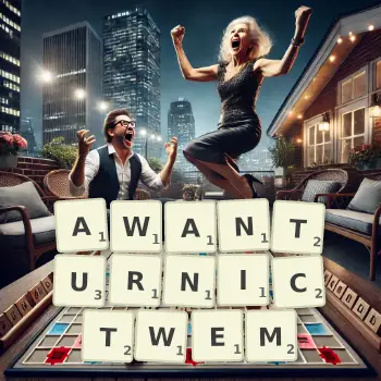 Kreatywna ilustracja do gry w Scrabble ze słowem AWANTURNICTWEM ułożonym z płytek na planszy.