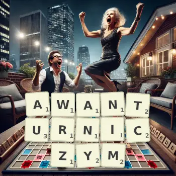 Kreatywna ilustracja do gry w Scrabble ze słowem AWANTURNICZYM ułożonym z płytek na planszy.