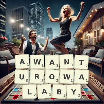 Kreatywna ilustracja do gry w Scrabble ze słowem AWANTUROWALABY ułożonym z płytek na planszy.