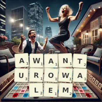 Kreatywna ilustracja do gry w Scrabble ze słowem AWANTUROWALEM ułożonym z płytek na planszy.