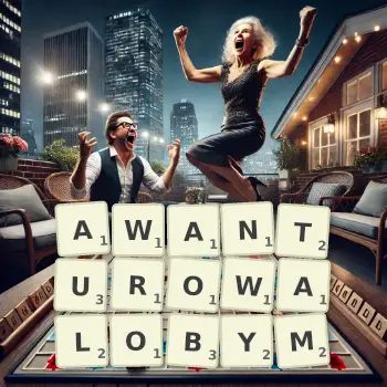 Kreatywna ilustracja do gry w Scrabble ze słowem AWANTUROWALOBYM ułożonym z płytek na planszy.