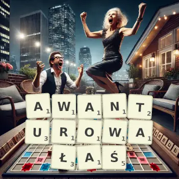 Kreatywna ilustracja do gry w Scrabble ze słowem AWANTUROWAŁAŚ ułożonym z płytek na planszy.