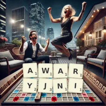 Kreatywna ilustracja do gry w Scrabble ze słowem AWARYJNI ułożonym z płytek na planszy.