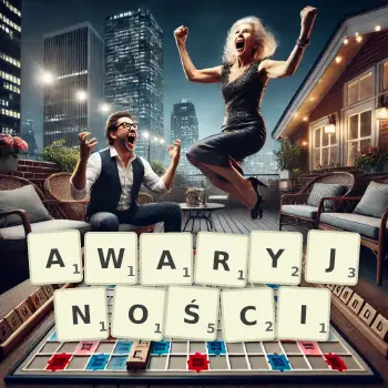 Kreatywna ilustracja do gry w Scrabble ze słowem AWARYJNOŚCI ułożonym z płytek na planszy.