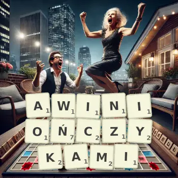 Kreatywna ilustracja do gry w Scrabble ze słowem AWINIOŃCZYKAMI ułożonym z płytek na planszy.