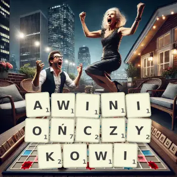 Kreatywna ilustracja do gry w Scrabble ze słowem AWINIOŃCZYKOWI ułożonym z płytek na planszy.