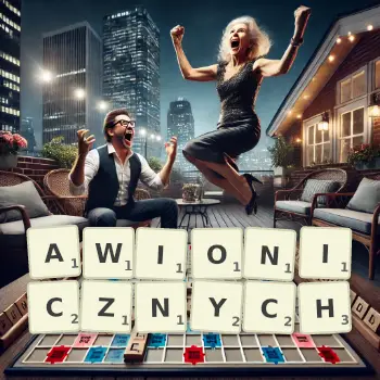 Kreatywna ilustracja do gry w Scrabble ze słowem AWIONICZNYCH ułożonym z płytek na planszy.