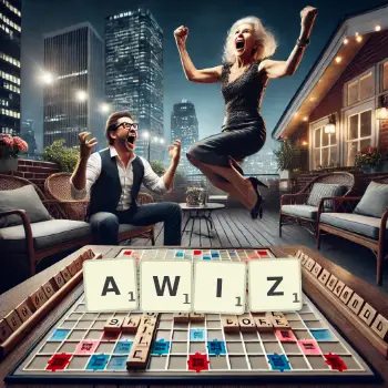 Kreatywna ilustracja do gry w Scrabble ze słowem AWIZ ułożonym z płytek na planszy.