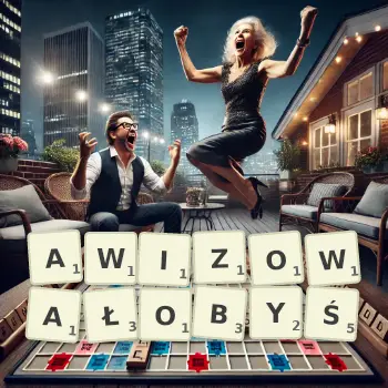 Kreatywna ilustracja do gry w Scrabble ze słowem AWIZOWAŁOBYŚ ułożonym z płytek na planszy.