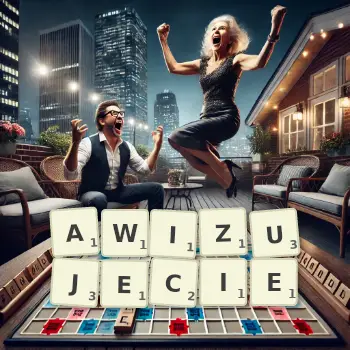 Kreatywna ilustracja do gry w Scrabble ze słowem AWIZUJECIE ułożonym z płytek na planszy.