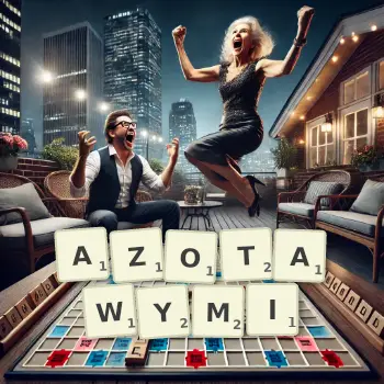 Kreatywna ilustracja do gry w Scrabble ze słowem AZOTAWYMI ułożonym z płytek na planszy.