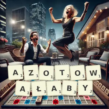 Kreatywna ilustracja do gry w Scrabble ze słowem AZOTOWAŁABY ułożonym z płytek na planszy.