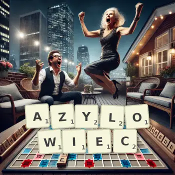 Kreatywna ilustracja do gry w Scrabble ze słowem AZYLOWIEC ułożonym z płytek na planszy.