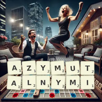Kreatywna ilustracja do gry w Scrabble ze słowem AZYMUTALNYMI ułożonym z płytek na planszy.