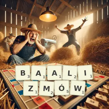 Kreatywna ilustracja do gry w Scrabble ze słowem BAALIZMÓW ułożonym z płytek na planszy.