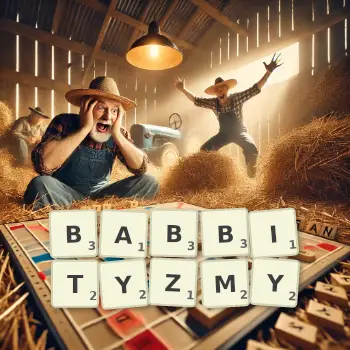 Kreatywna ilustracja do gry w Scrabble ze słowem BABBITYZMY ułożonym z płytek na planszy.