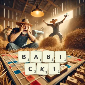 Kreatywna ilustracja do gry w Scrabble ze słowem BABICKI ułożonym z płytek na planszy.