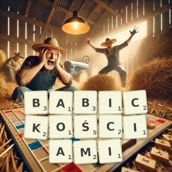 Kreatywna ilustracja do gry w Scrabble ze słowem BABICKOŚCIAMI ułożonym z płytek na planszy.