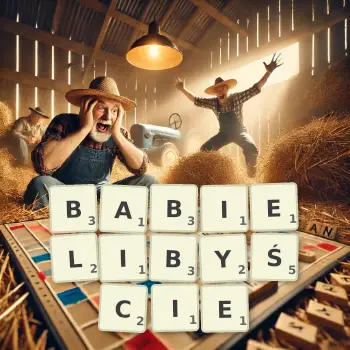 Kreatywna ilustracja do gry w Scrabble ze słowem BABIELIBYŚCIE ułożonym z płytek na planszy.