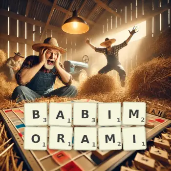 Kreatywna ilustracja do gry w Scrabble ze słowem BABIMORAMI ułożonym z płytek na planszy.