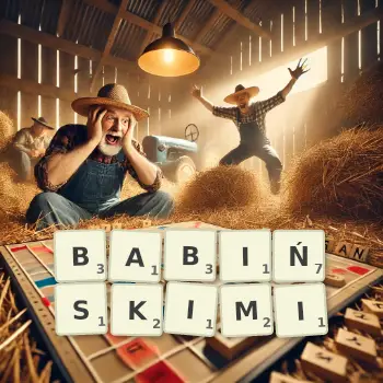 Kreatywna ilustracja do gry w Scrabble ze słowem BABIŃSKIMI ułożonym z płytek na planszy.