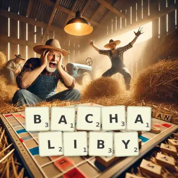 Kreatywna ilustracja do gry w Scrabble ze słowem BACHALIBY ułożonym z płytek na planszy.