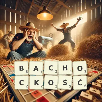 Kreatywna ilustracja do gry w Scrabble ze słowem BACHOCKOŚĆ ułożonym z płytek na planszy.
