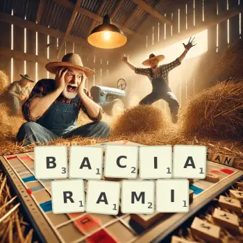 Kreatywna ilustracja do gry w Scrabble ze słowem BACIARAMI ułożonym z płytek na planszy.