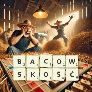 Kreatywna ilustracja do gry w Scrabble ze słowem BACOWSKOŚĆ ułożonym z płytek na planszy.