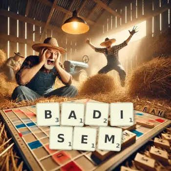 Kreatywna ilustracja do gry w Scrabble ze słowem BADISEM ułożonym z płytek na planszy.